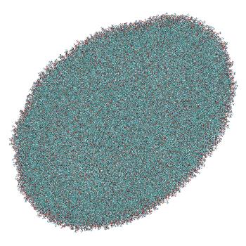 Structure preview of LNP-endosome stalk system: unbiased MD with all MC3 deprotonated (spontaneous siRNA release)
